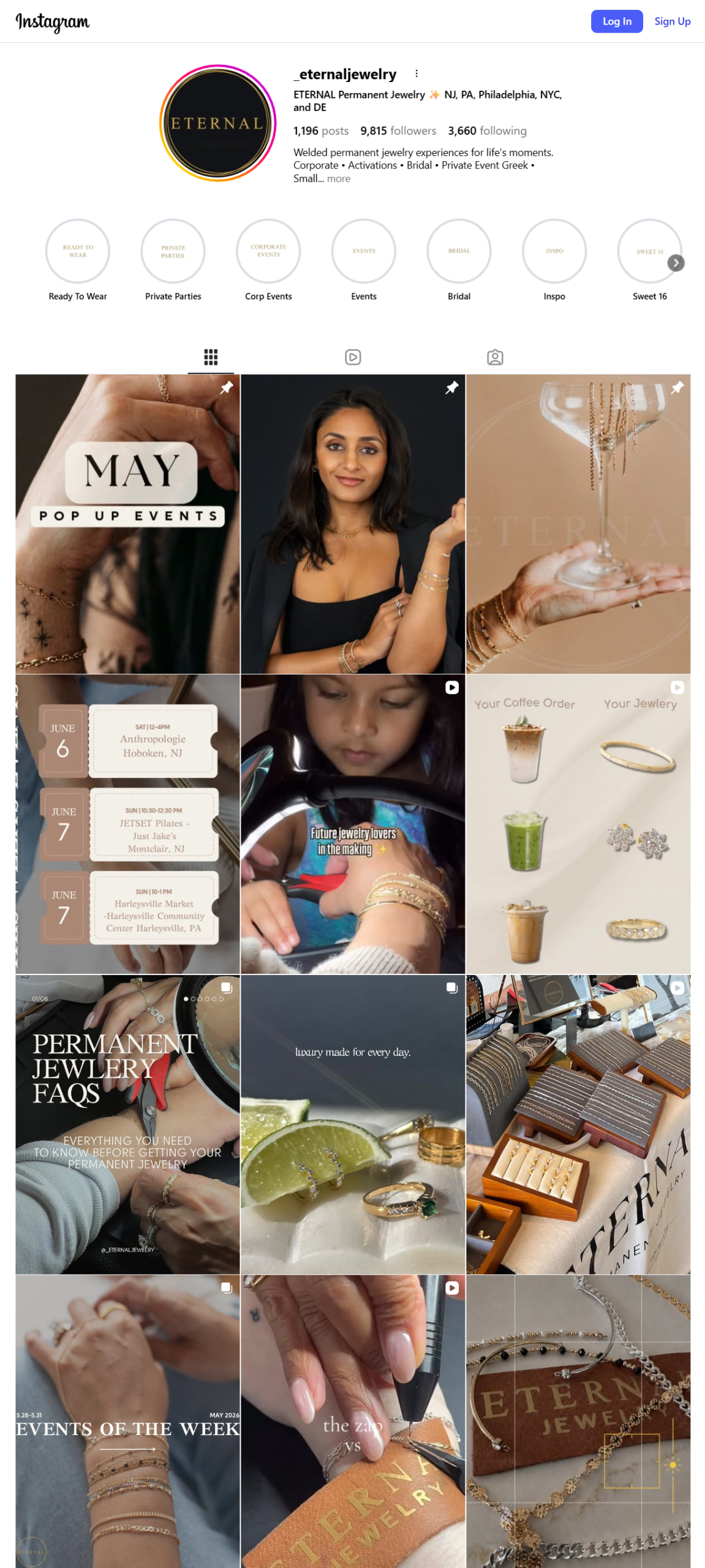 Eternal Jewelry full Instagram page at eternaljewelry showing permanent jewelry brand NJ NYC Philadelphia