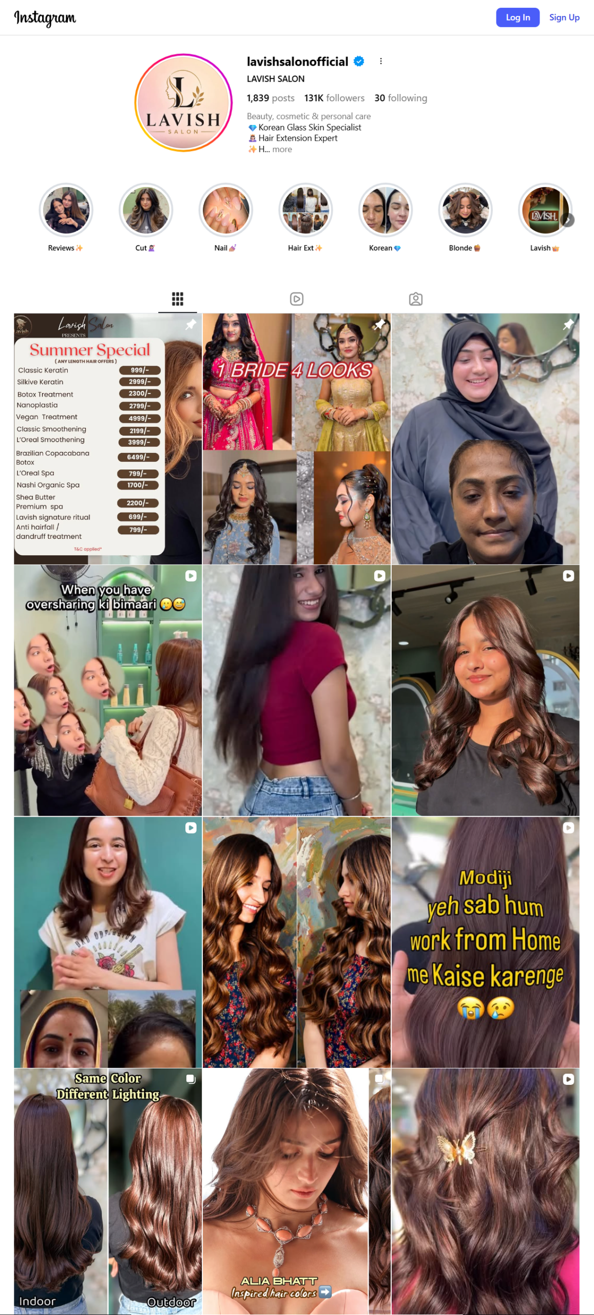 Lavish Salon full Instagram page at lavishsalonofficial showing 131,000 followers verified account with post grid