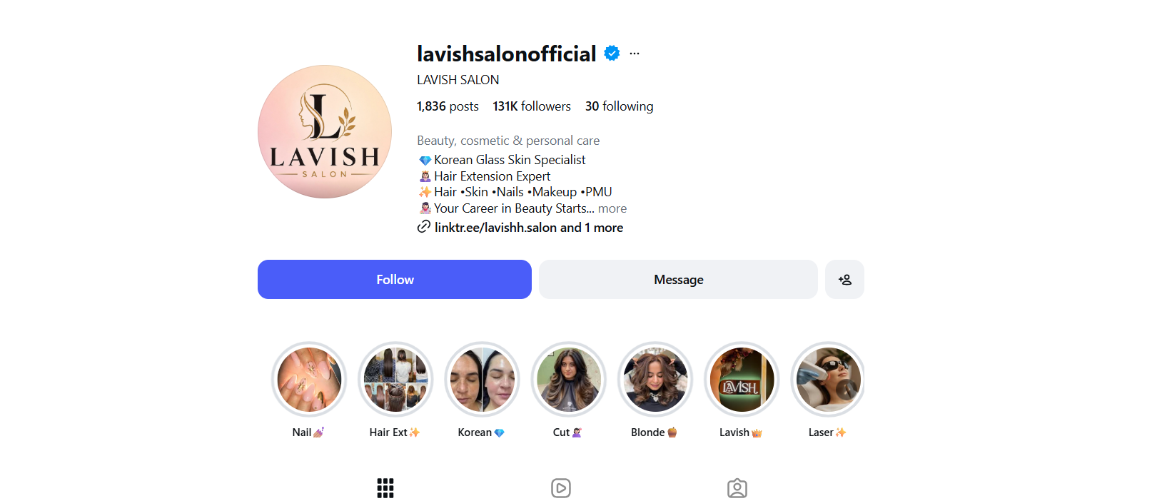 Lavish Salon official Instagram with 131,000 followers and verified blue checkmark