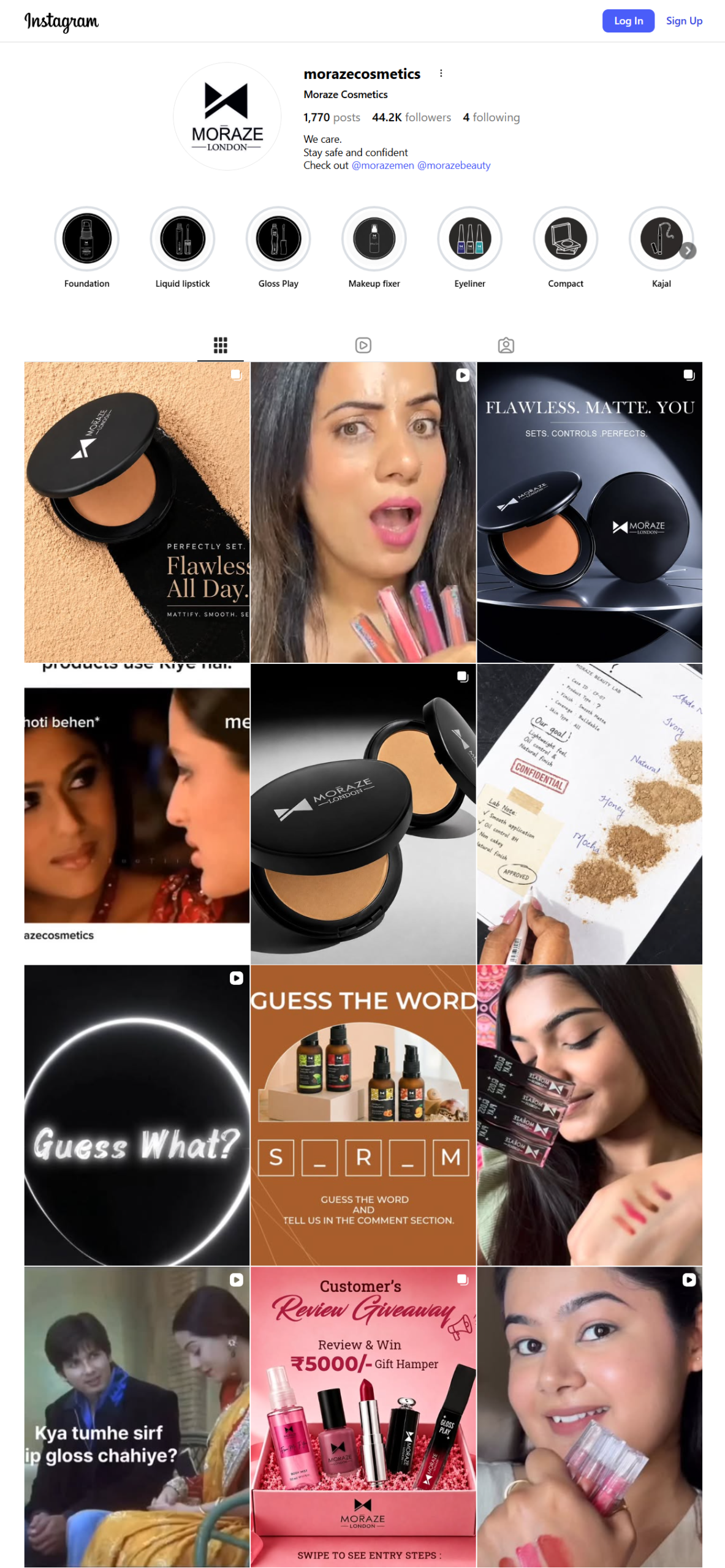 Moraze Cosmetics full Instagram page showing profile with 43,700 followers and beauty product content