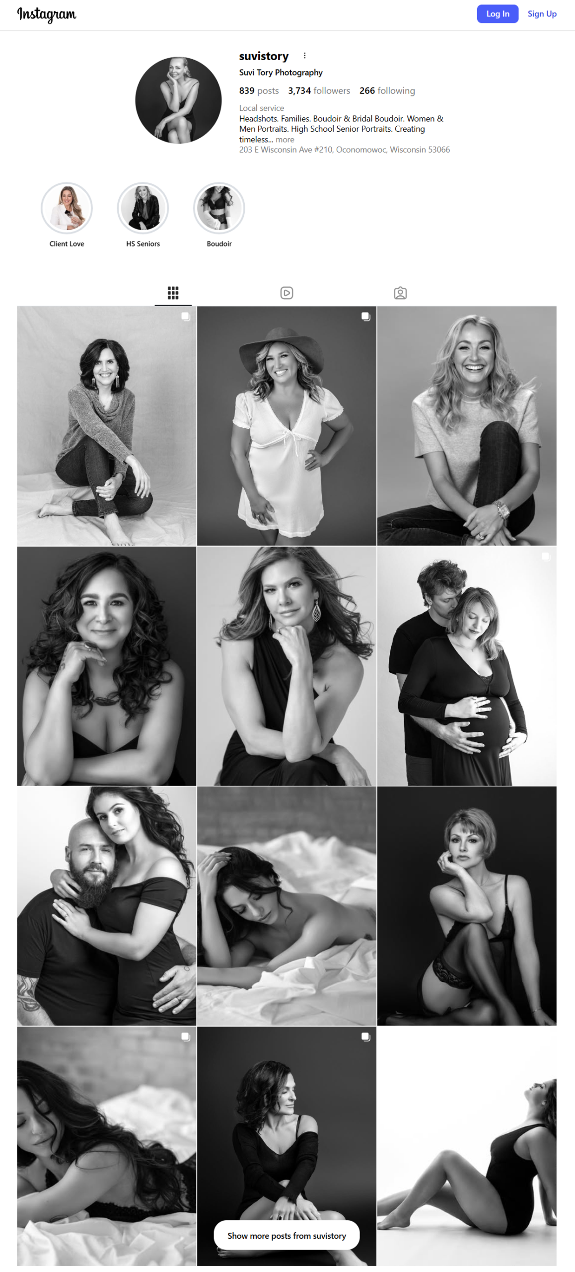 Suvi Tory Photography full Instagram page at suvistory showing luxury portrait photography studio Wisconsin USA